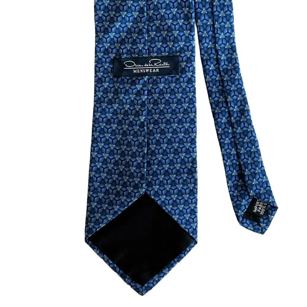 Oscar de‎ la Renta 100% Silk Designer Tie Blue Geometric Retro Luxury Necktie